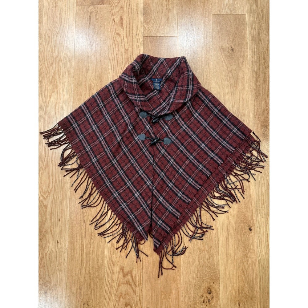 Brooks Brothers Burgundy & Pink Plaid Shawl Collar Toggle Close Cape - One Size